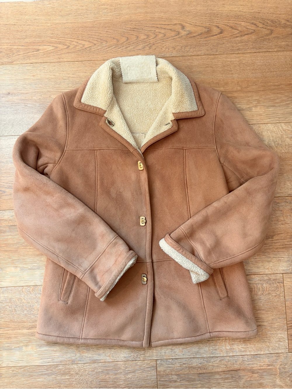 Vintage Talbots Petites Faux Suede Sherpa Lined Coat Jacket Tan S 90s
